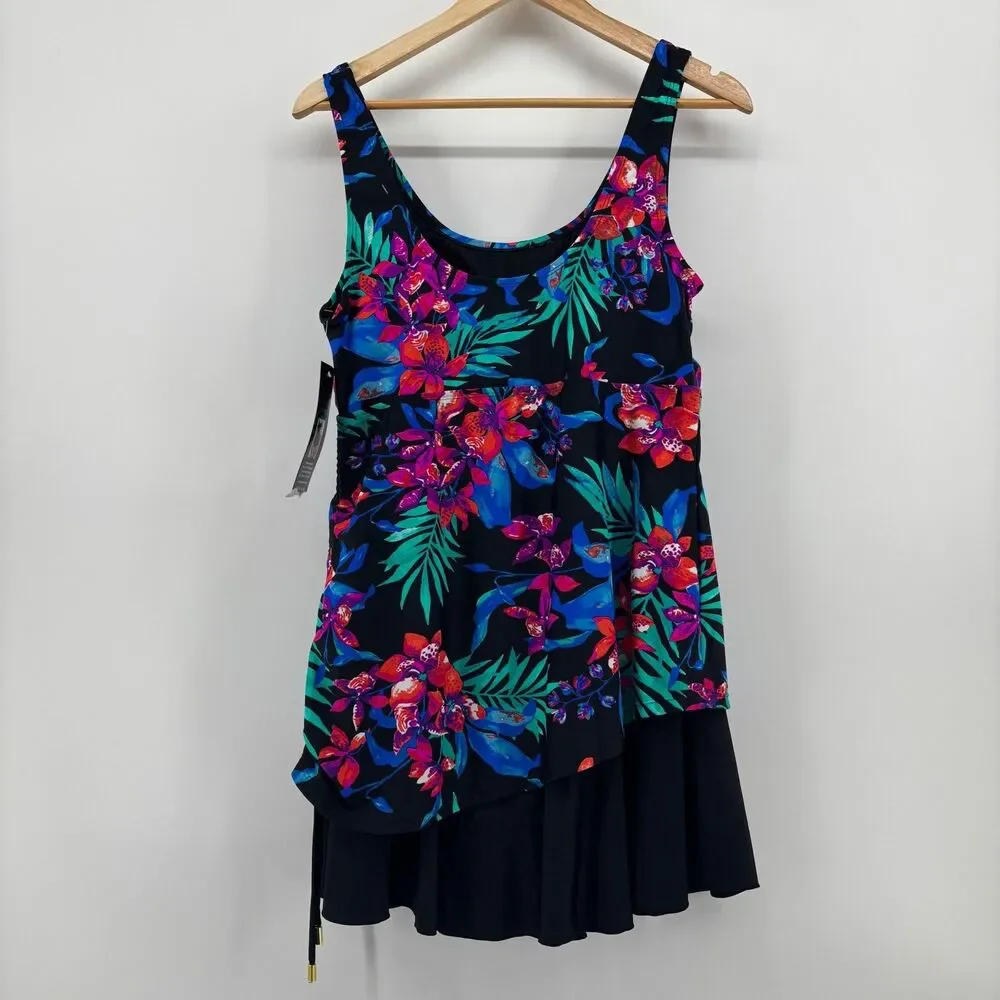 Shore Shapes Swimdress Women 16 Black Floral‎ New Asymmetrical Side Cinch sides